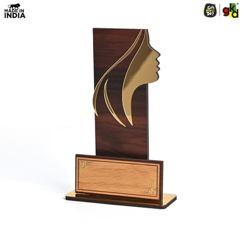 Image of GKD Wooden Women's Achievement Trophy | Female Excellence Award, Corporate Recognition Memento, Employee Appreciation Trophy, Leadership Award | Self-Customizable with Stickers (Brown Wood Finish)