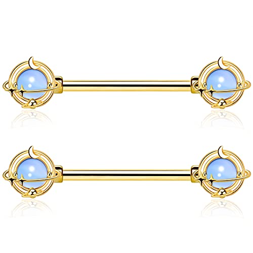 JEWSEEN Nipple Ring Crystal Nipple Barbell Planet Nipple Bar 316L Stainless Steel Nipple Piercing Opalite Nipple Jewelry Body Piercing Jewelry