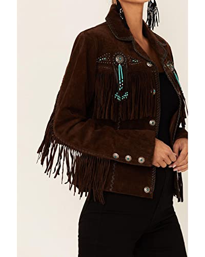 Scully Women's Fringe And Beaded Boar Suede Leather Jacket Chocolate 1X Us #TOP2