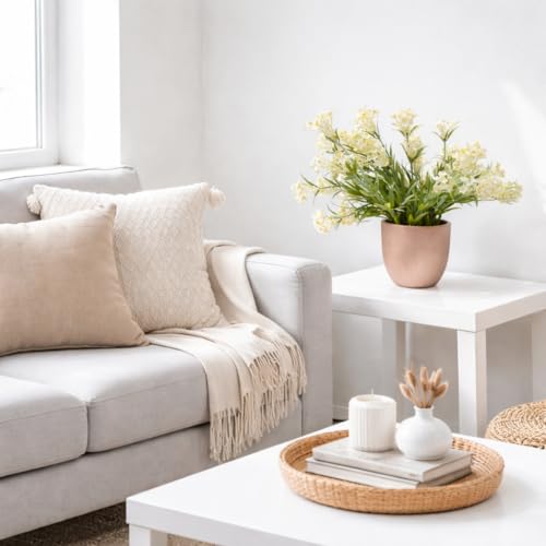 Image of Garden Art Artificial Lavender Flower Bush in Decorative Pot - Realistic Faux Plant for Home & Office Tabletop Decor (P-0155White)