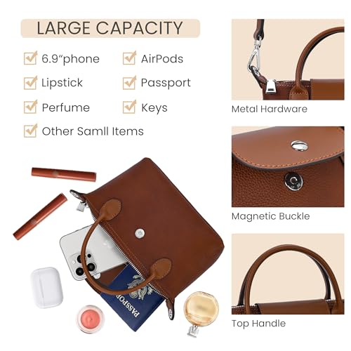 Image of HESHE Small Leather Crossbody Bags for Women Mini Tote Shoulder Handbags | Designer Real Genuine Leather Travel Purse Adjustable Straps Sacthel Hobo Purses Magnetic Snap Zippered Closure