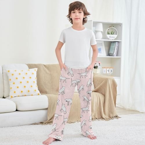 Boy's Pj Pants Adorable White Spot Cat Pink Lounge Bottoms Elastic Waist Kids Joggers with Pockets Size 6-14 5