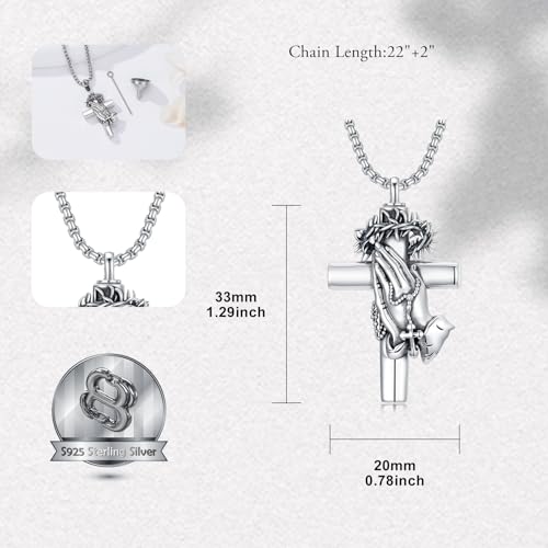 PROESS Praying Hands Cross Necklace 925 Sterling Silver Crown of Thorns Necklace Serenity Prayer Cross Pendant Cremation Jewelry Religious Gifts for Men Christian4
