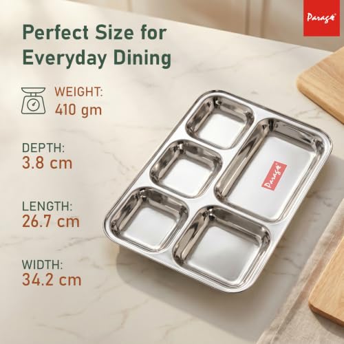 Image of Parage 6 Pieces Stainless Steel 3- Compartment Thali Set /Dinnerware /Dinner Plate Set / 3 in 1 Partition /Kitchenware for Home, Restaurants, Famliy Use, Bhojan Thali (Silver)