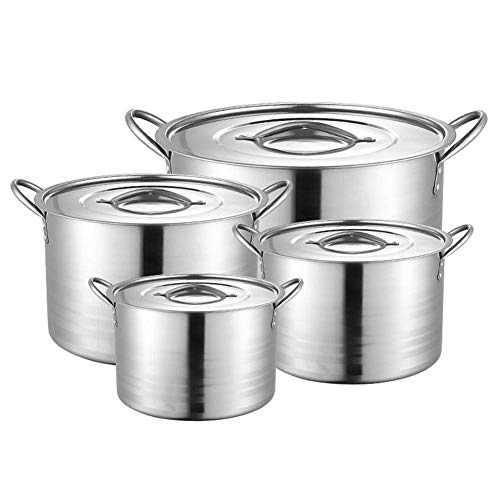 ifgswopq Juego de sartenes, cacerolas, juego de ollas de acero inoxidable, olla de sopa alta, juego de 4 piezas, con tapa de acero inoxidable, mango resistente, adecuado para cocina de inducción de