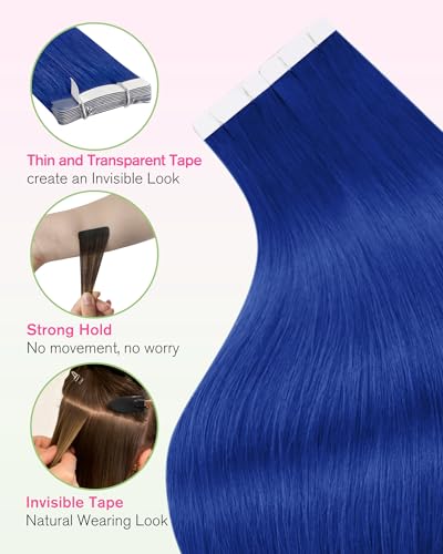 Image of YoungSee Human Hair Tape in Extensions Blue Invisible Tape in Hair Extensions Human Hair Blue Seamless Blend Tape Hair Extensions Colored 18 Inch 10pcs 25g for Cosplay