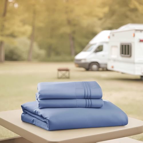 Image of Nestl Steel Blue Short Queen Sheets for RV, Hotel Luxury RV Queen Sheets Set, 4 Piece Fitted Bed Sheet Set and Pillowcases, Super Soft, Wrinkle-Free, and Breathable Camper Bedding