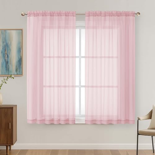 Image of OVZME Blush Pink Sheer Curtains 63 Inches Long 2 Panels Set, Light Filtering Sheer Curtains for Living Room Bedroom 59 Inch Extra Wide, Modern Voile Filmy Rod Pocket Window Drapes, 59Wx63L Inches