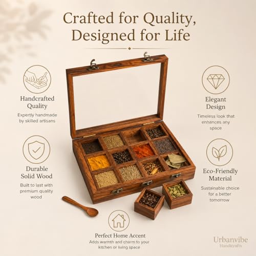 Image of Wooden Spice Box with 12 Removable Compartments|Handmade Masala Dabba for Kitchen Storage | Premium Wooden Spice Organizer with Transparent Glass Lid | Multipurpose Storage Box