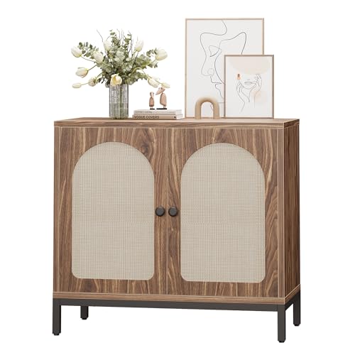 GarveeHome Rattan Sideboard Buffet Cabinet, Kitchen Storage Cabinet with Adjustable Shelf for Living Room, Hallway, Dark Brown