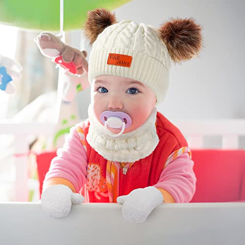 Satinior 6 Pieces Infant Toddler Beanie Woolen Hat Winter Twist Double Pom Pom Wool Knitted Cap Mittens Gloves Warmer Circle Loop Scarf For Girls Boys, Multicolor, One Size #TOP3