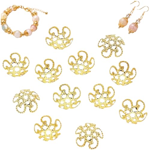 100Pcs Shiny Vintage Filigree, 8mm Silver Flower Bead End Caps Metal Bead Caps for Jewelry Making DIY Bracelet Earrings Arts, Crafts Accessories (Gold)