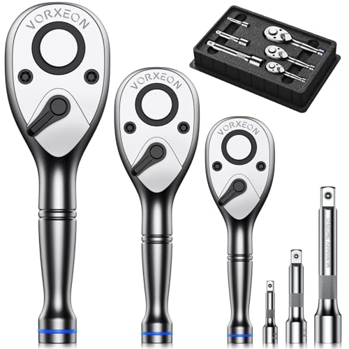 VORXEON 6PC Stubby Ratchet Torque Wrench Set - 1/4, 3/8, 1/2 Drive with 2, 3, 5 Bars 72T Quick-Release, CR-V Steel Compact Reversible Torque Wrench Kit for Mechanics