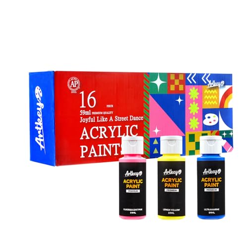 Artkey Acrylic Paint Set, 16 Colors 2 oz/59 ml Acrylic Paint Kit for Professional Artists & Beginners – Memphis Style “Pop Art Colors” Palette for Canvas, Wood, Fabric, Rock, Leather, Ceramic, Glass by Artkey - Used condition - US$10.83
