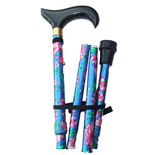 Bastón de flores plegable altura ajustable y con mango inteligente de madera y funda., color azul