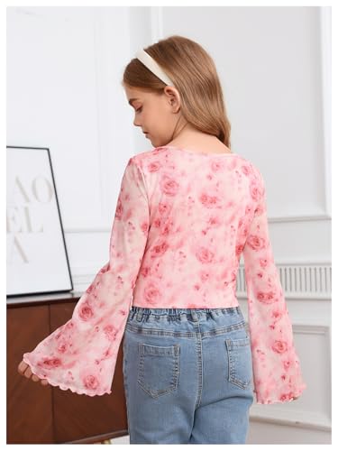 Image of Verdusa Girl's Floral Print Square Neck Lettuce Trim Long Bell Sleeve Ruched Tee Top