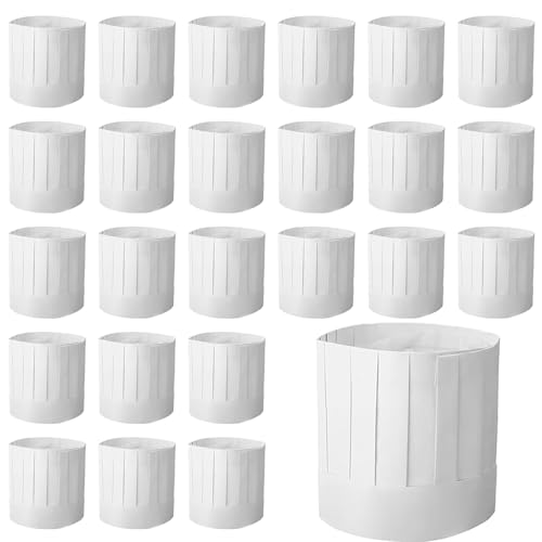 24 Pack Paper Chef Hats 9 Inch Disposable Chef Tall Hats for Adult Adjustable Unsix White Chef Hat Bulk for Pizza Party Halloween Baker Costume Hibachi Party Decorations DIY Cooking Baking