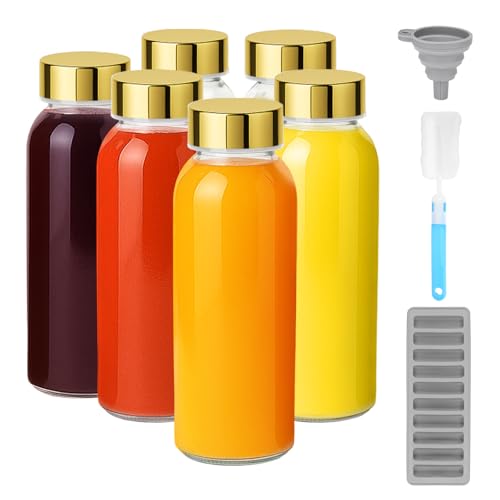 Image of Zukro Glass Water Bottles with Gold Lids 10.5 oz, 6 Pack Clear Reusable Glass Small Juice Bottles for Juicing, Milk, Ginger Shot, Stainless Steel Cap, BPA-Free Leak Proof 300ml Drinking Container Jar