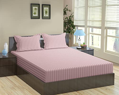 Image of Trance Home Linen 100% Cotton 80x38 inch 200TC Satin Stripe Elastic Fitted Bedsheet | College /Hostel Use Fitted Bedspread with 1 Pillow Cover (80 inchx38 inch | 6.6x3.1 feet, Cameo Rose)
