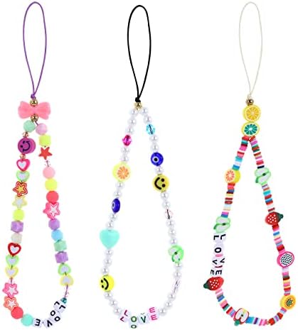Molain 3Pcs Beaded Phone Charm String Lanyard Wrist Strap Colorful Polymer Clay Bead Phone Chains