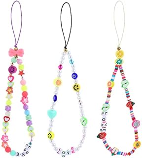 Molain 3Pcs Beaded Phone Charm String Lanyard Wrist Strap Colorful Polymer Clay Bead Phone Chains