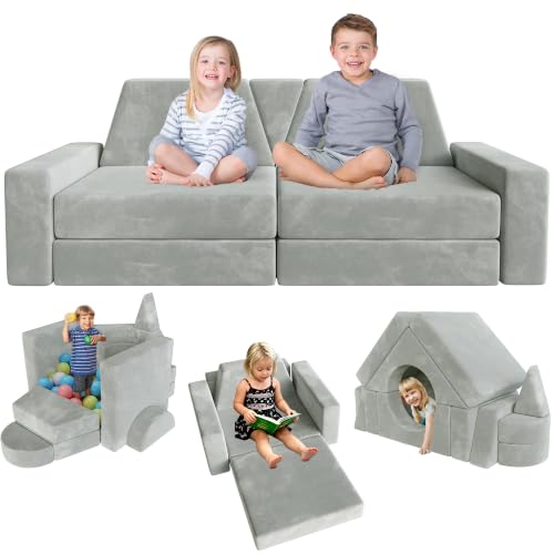 Image of YEFU 15pcs Modular Kids Play Couch,1000+ Imagination Creative Play | for kids ages 3+,7 shapes,countless configurations,30D high-density foam,fort building,washable cover, playroom,birthday gift