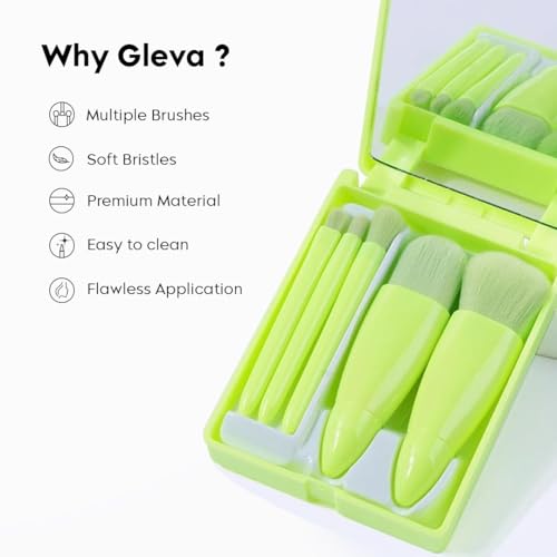 Image of Gleva Travel Size Mini Makeup Brushes Set with Mirror Small Complete Function Cosmetic 5 Pcs Brushes Kit Case Apply to Face Foundation Powder Concealers Eyebrow Eyeshadow (Green)