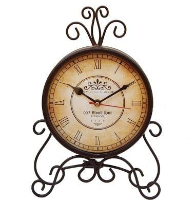 Nutts Analog Metal Circular Table Clock Antique Clock with Stand for Home, Office (Brown)