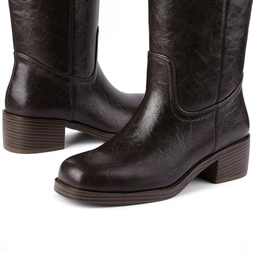 Image of Gothictor Women's Banana Knee High Boots Square Toe Chunky Block Heel Comfortable Low Heel Pull on Wide Calf Riding Long Boots for Women