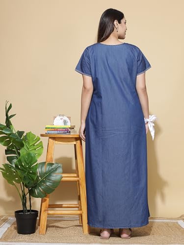 Image of 9shines Label Stylish Denim Cotton Nighty Maxi for Women | Full Length Trendy Nightgown | Premium Nightdress | Nightwear | Embroidery Nighty with Pocket (9SDS)