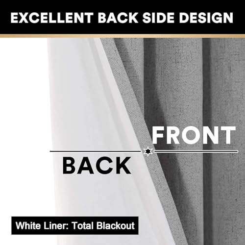 Image of PrinceDeco 100% Blackout Curtains 90 inches Long for Bedroom Dining Room Soundproof Window Treatment Drapes with White Liner Noise Reducing Linen 90 Inch Blackout Curtains,Light Grey,52 x 90 Inch