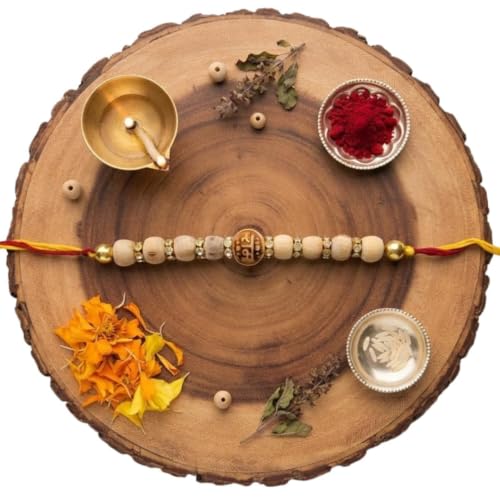 Image of Original Tulsi Rakhi for Brother | Handmade Natural Tulsi Beads Rakhi | Sacred Raksha Bandhan Rakhis for Boys | Traditional Spiritual Rakhi Gift