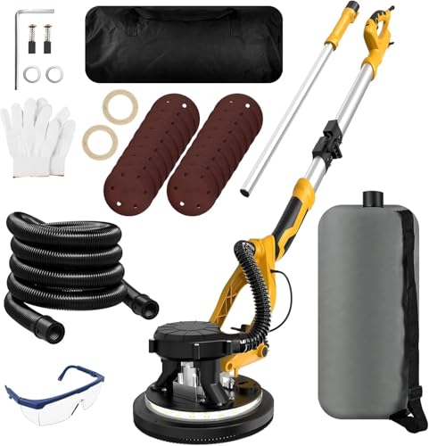 Image of 1250W Drywall Sander, 11.5A Electric Drywall Sander with Vacuum Dust Collection, 5 Variable Speed 800-1800RPM, Popcorn Ceiling Removal Tool with Extendable Handle, LED Light, 18pcs Sanding Discs