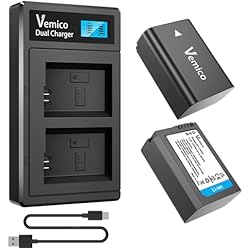Bateria Para Sony A6500 Vemico NP-FW50 Batería Cargador Kit 2 Pack 1200mAh Baterías de Recambio Tipo C LCD Cargador Dual para Sony A7/A7 II/A7 RII/A7SII/ A6500/ A6400/ A6300/ A6000/ ZV-E10 (Compatible con el Original)