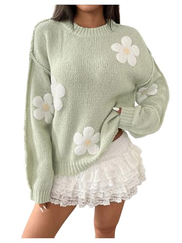 SHENHE Women's Flower Sweater Crewneck Long Sleeve Drop Shoulder Knit Sweaters Pullover Tops