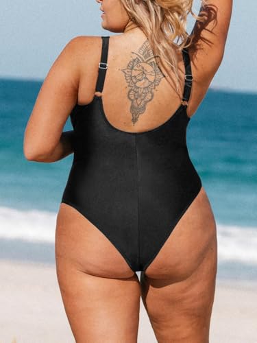 CUPSHE Women Plus Size One Piece Swimsuit V Neck Mesh Sheer Tummy Control Bathing Suit with Adjustable Wide Straps2