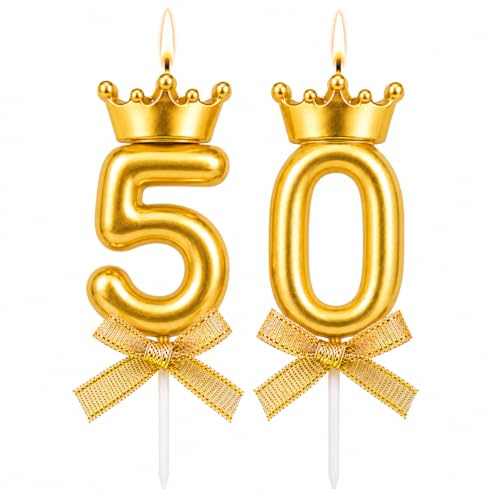 Image of Premium Gold Number 50 Candle Set with Crown Metallic Cake Topper for 50th Birthday Golden Jubilee Anniversary and Celebration Events, 2 PCs