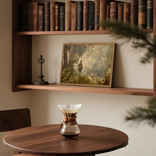 Image of Vintage Hunting Wall Art Cottagecore Country Wall Decor Picture Moody Forest Landscape Poster Painting Canvas Prints for Bedroom Living Room Farmhouse 16x24 inch Wood Framed