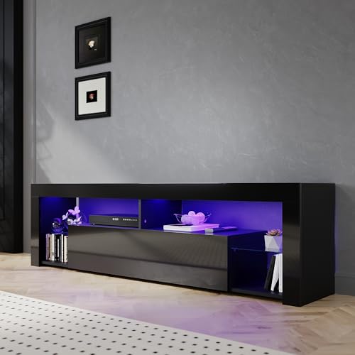 SIRHONA Meuble TV LED Noir, Banc TV 180x35x50.5cm, Éclairage LED RGB avec Couleur réglable, Capacité de Charge 40 kg, Convient pour Salon ou Chambre
