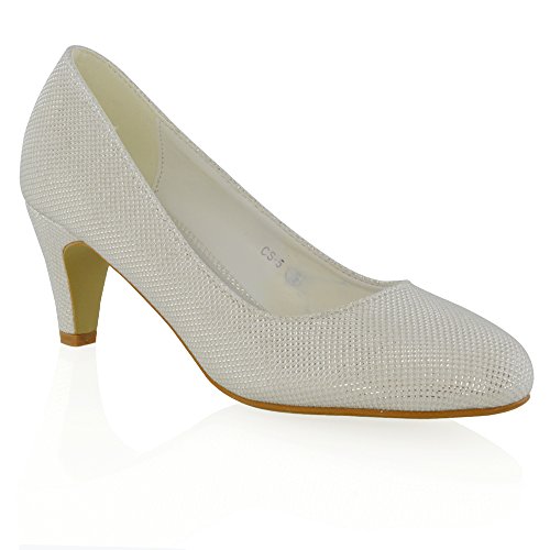 ESSEX GLAM Women’s White Glitter Slip On Low Heel Evening Bridal Court Shoes 8 B(M) US