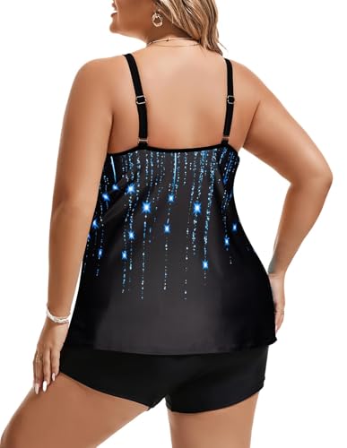 Hanna Nikole Tankini Set Damen Übergröße Bauchkontrolle Bademode Elastische Zweiteilig Badeanzüge mit Boardshorts Blauer Sternschnuppen 52 3