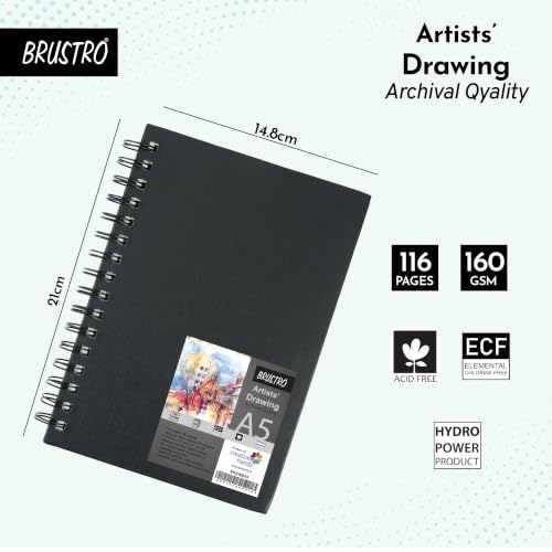 Image of BRUSTRO Artists' Sketch Book Wiro Bound, Size A5 (5.8x8.3 in), 160 GSM, 116 Pages with Cretacolor Studio Line Pastel Pencil Set of 8, Figure Study Basics (Assorted) | Ideal for Sketching,Drawing