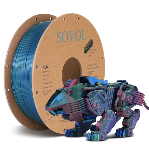 Sovol PLA Filament Silk Tri Color Co-Extrusion 1.75mm, 3D Printer Filament 1kg/ 2.2lbs, Shiny Silk Dark Red Green Blue 3 in 1 Coextrusion PLA Material +/-0.03mm