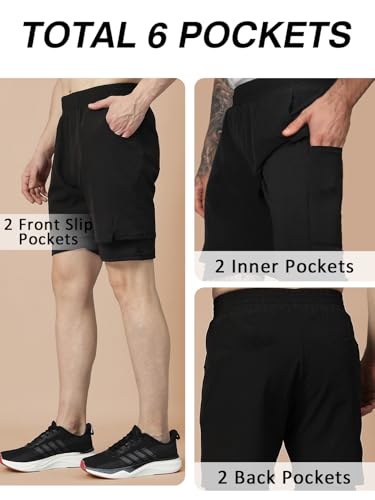 Image of CHKOKKO Double Layered Gym Shorts for Men Workout | Compression Inner Layer with Pockets Across Inner Outer and Back | Dry Fit Sports Athletic wear for Running Jogging or Training