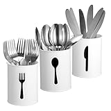JUXYES Set of 3 Farmhouse Metal Bucket Utensil Holder - Antique Silverware Caddy for Kitchen Countertop - Rustic White Flatware Cutlery Caddy Spoon, Fork & Knife Organizer for Parties