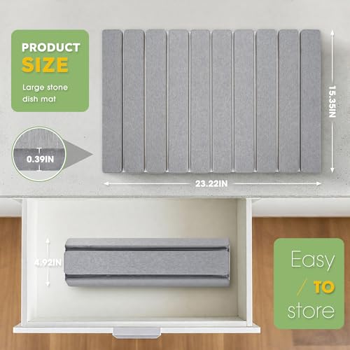 HABUTWAY Large Stone Dish Drying Mat for Kitchen Counter – 24"×16" Collapsible Diatomaceous Earth Mat, Ultra Absorbent & Quick Dry, Foldable Drying Pad for Dishes, Bottles, Cups (Light Grey) — view 3