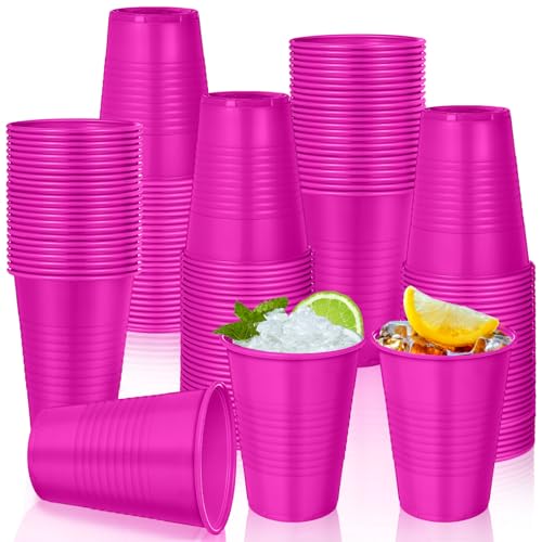 Funnymoom 100 Pcs 12 oz Hot Pink Disposable Plastic Cups 12 oz Hot Pink Party Drinking Beverage Cups Bulk for Bachelor Party Wedding Flamingo Birthday Supplies
