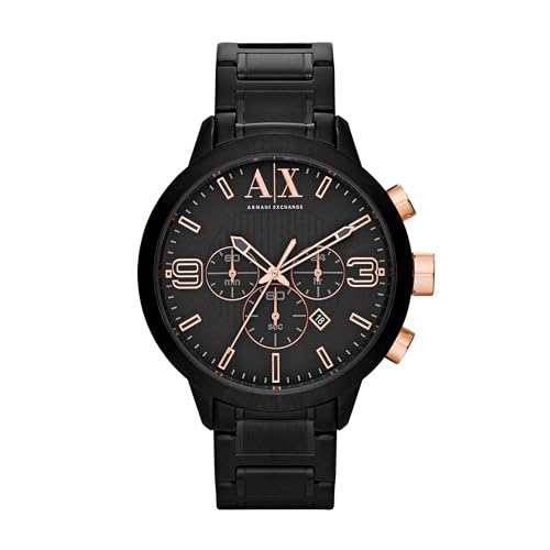 Armani Exchange Reloj hombre, movimiento cuarzo cronógrafo y caja 49mm con correa acero, Negro y tono oro rosa