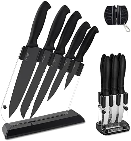 Dishwasher Safe Kitchen Knife Set, Jiaedge 19 pcs German High Carbon Stainless Steel Kitchen Knife Set,Black knife set, 6 Serrated Steak Knives, Sharpener with Acrylic Stand, Black