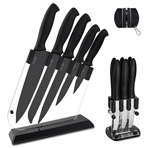 Knife Set, 19 PCS Modern Kitchen Knife Set with Block and Sharpner, Dishwasher Safe Knife Block Set, 5 Super Sharp Black Kitchen Knives with Clear Holder, 6 Steak Knives Set with Acrylic Stand, Black